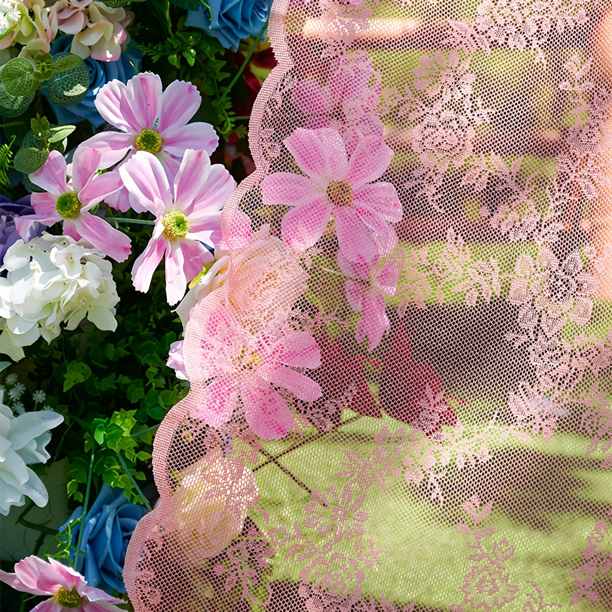 Romantic Pastoral Lace Sheer Curtain for Balcony and Office, Translucent Window Drapery with Floral Pattern, Machine Washable Polyester, Rod Pocket Design - 1pc