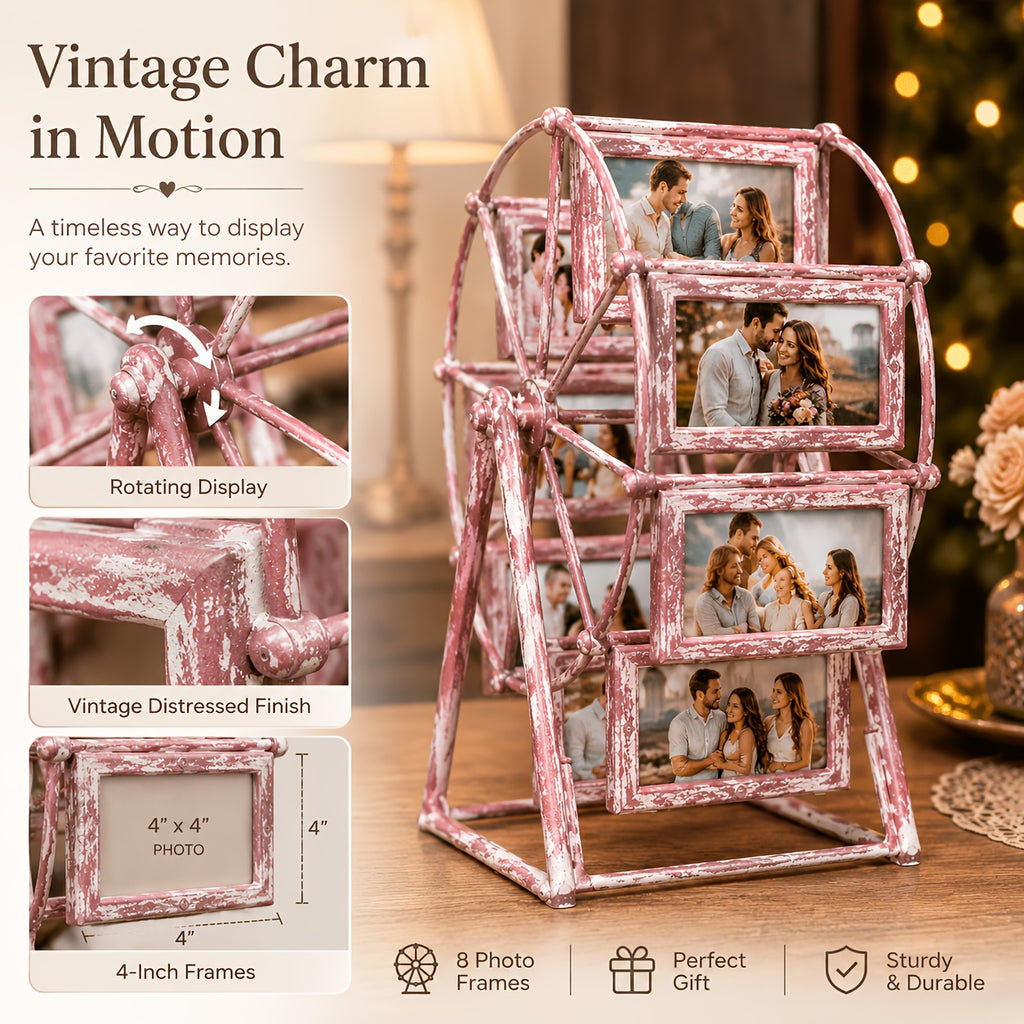 Vintage Rotating Ferris Wheel Photo Frame - 8 4-inch Photo Frames - Exquisite Living Room, Bedroom, Desk Furnishings - Perfect for Valentine'S Day, Birthday, Christmas Gifts (Frame Material ABS Plastic)