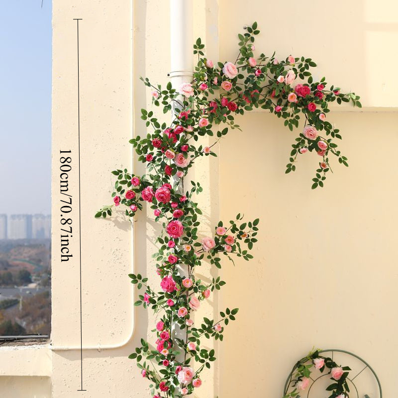 1 Double Pink Rose Vine - Artificial Garland with Richly Layered Petals, Soft Color Transitions, and a Design That Closely Mimics the Form of Real Roses. Paired with Lush Foliage, It Creates a Vibrant, Natural Vitality. Perfectly Blends into French