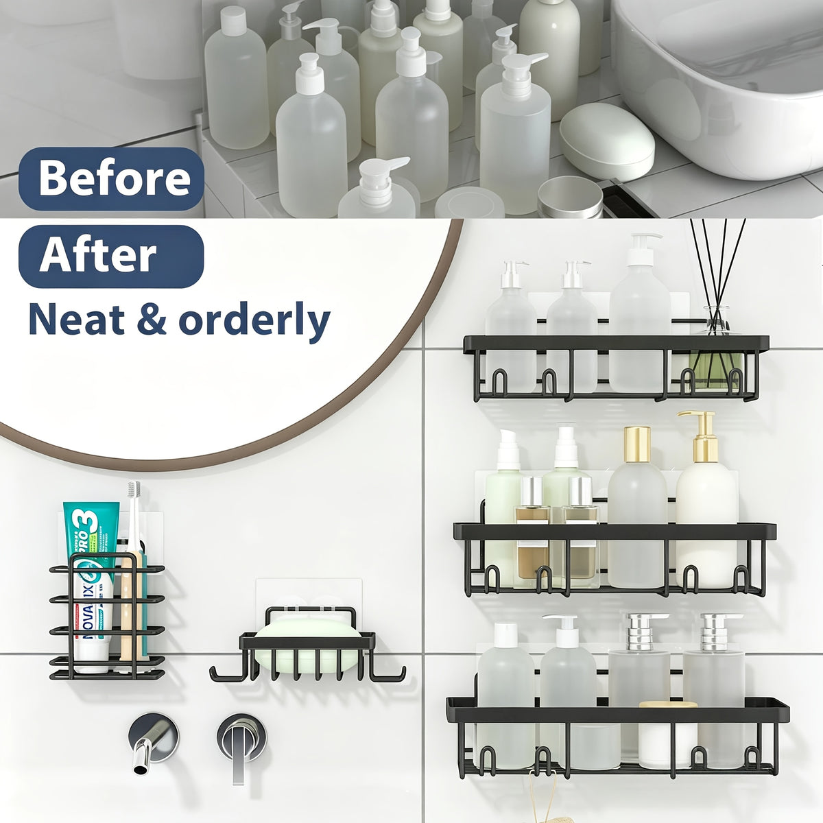 Shower Caddy, 5 Pack Shower Organizer Rack for Inside Shower, Self Adhesived Shower Shelf Large Capacity Rustproof Stainless Steel Bathroom Wall Storage Shower Basket, Random Color Properties to Choose, Shower Caddies