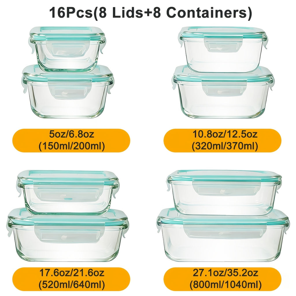 16pcs (8 Lids And 8 Containers) Sealed Glass Food Storage Containers, Lunch Boxes, Microwave Ovens, Ovens - Perfect for Salads, Fruits, Vegetables, And Sandwiches, Lunch Boxes | Sealed Storage | Durable Glass, Food Storage Containers