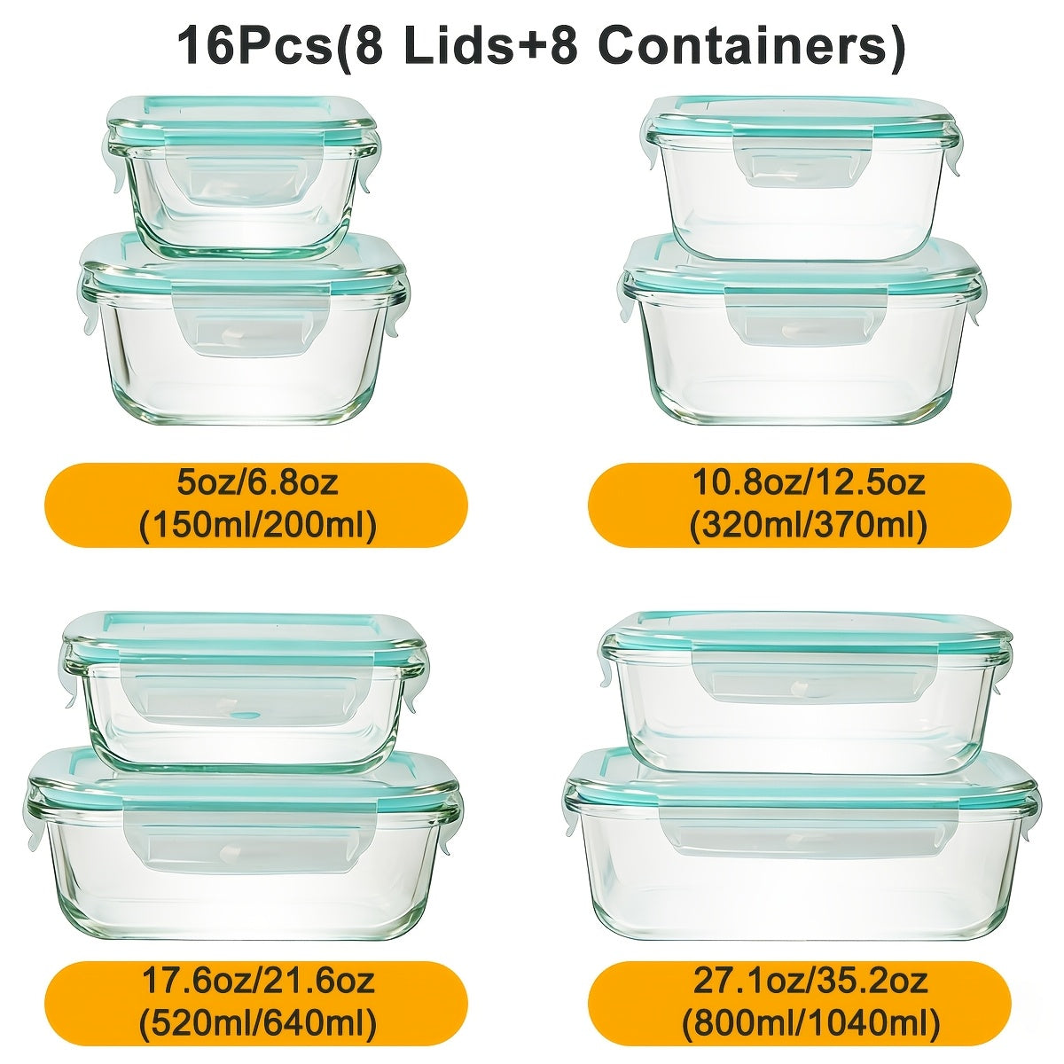 16pcs (8 Lids And 8 Containers) Sealed Glass Food Storage Containers, Lunch Boxes, Microwave Ovens, Ovens - Perfect for Salads, Fruits, Vegetables, And Sandwiches, Lunch Boxes | Sealed Storage | Durable Glass, Food Storage Containers