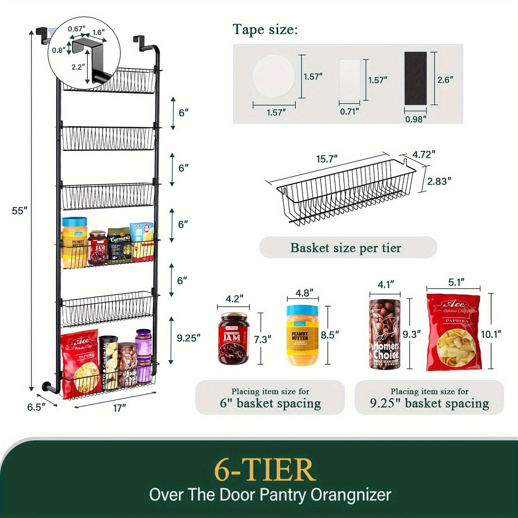 Metal Over Door Pantry Rack, 6 or 8 Tier Hanging Storage Organizer in Black or White for Spices, Packaged Foods, Bathroom Essentials and Laundry Supplies