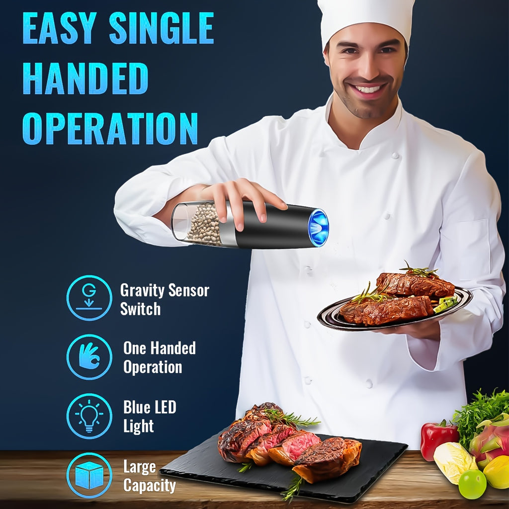 1pc Gravity Electric Pepper and Salt Grinder with Adjustable Coarseness Battery Operated LED Light (Battery Not Included) Each Grinder Requires 6 AAA Batteries You Need to Bring Your Own)