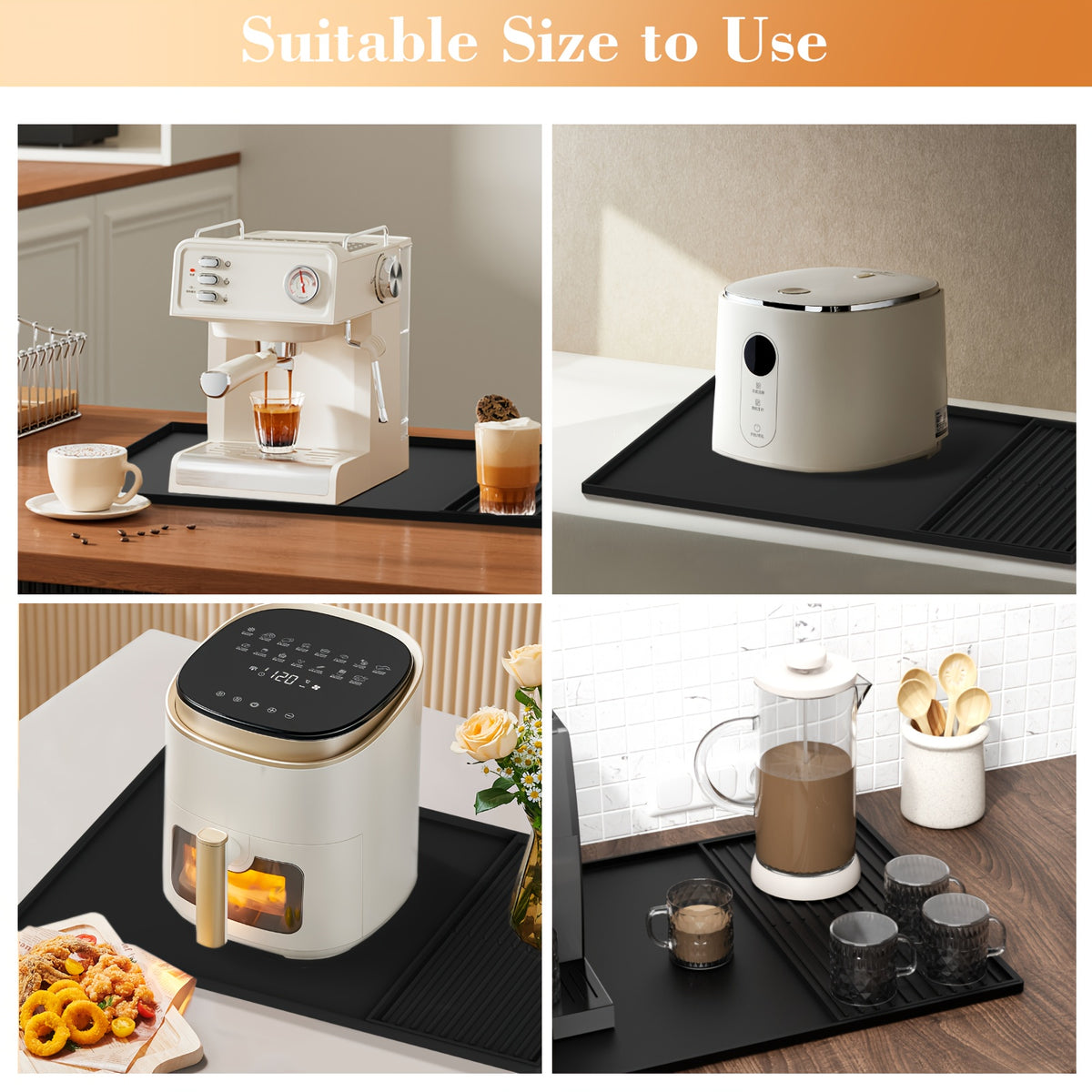 2-in-1 Silicone Coffee Mat with Raised Edges, Countertop Coffee Bar Mat, Suitable as a Coffee Bar Accessory for Under Coffee Machines and Espresso Machines, Dish Drying Mat, Black, 23.6'' X 15.7''