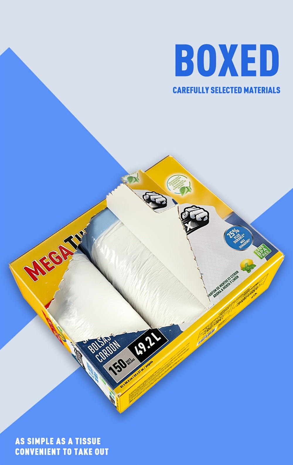150 Bags Boxed Disposable Non Tear Garbage Bag Puncture Tear Resistant Trash Bags, 50 Bags/Roll 13 Gallon Capacity, ODOR ELIMINATORTECHNOLOGY Kitchen Drawstring Garbage Bags Fresh Clean Scent with Lemon Mint Scent, EASY to USEDRAWSTRINGS MORE DURABLE