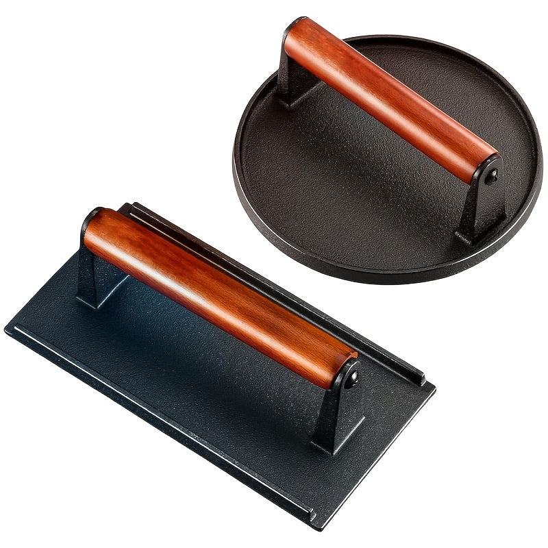 2pcs Cast Iron Burger Press Kit Pressure Plate - Round And Rectangular Heavy Meat Minced Meat with Wooden Handle for Baking Trays, Sandwiches, Suitable for Family Gatherings, Picnics, Camping