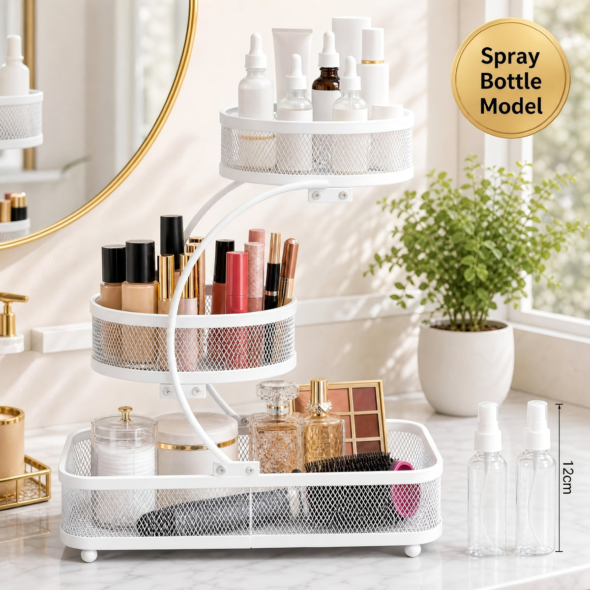 3-tier Metal Bathroom Storage Rack, Includes A Spray Bottle | Hooks - Space-saving Countertop Organizer For Cosmetics, Skincare, And Toiletries | Rust-resistant Diamond Mesh Design | Sturdy And Durable, Suitable For Vanities, Bathrooms, Wardrobes