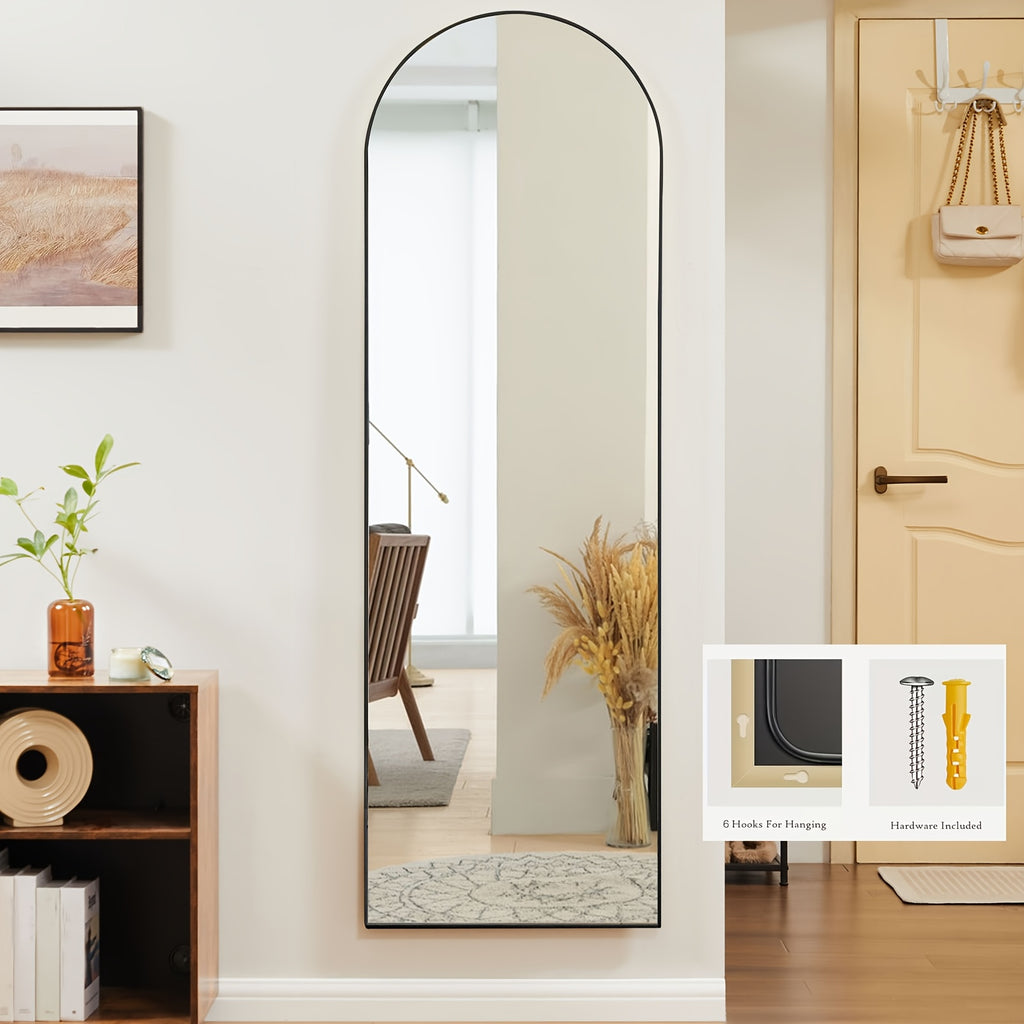 Arched Full Length 64" X 21"/ 59"x16"Mirror With Stand, Floor Mirror With Aluminum Alloy Frame For Bedroom, Standing Full Body Mirror With Shatter-Proof Nano Glass For Wall, Living Room, Cloakroom