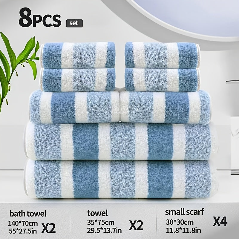 8pcs Set, No Hair Loss, Super Absorbent, Super Soft Two-Color Striped Interval Bath Towel Combination, Including 2 Large Bath Towels, 2 Large Face Towels, 4 Hand Towels