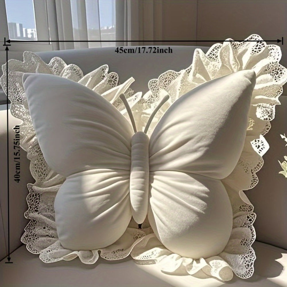 Butterfly-Shaped Decorative Pillow Home Decor Cushion with White Lace Trim Luxurious Velour Fabric And Fill Lumbar Support Cushion for Sofas, Beds, Cars, Offices - Perfect Gift for Women, Housewarming, Christmas, Valentine'S Day Machine Washable
