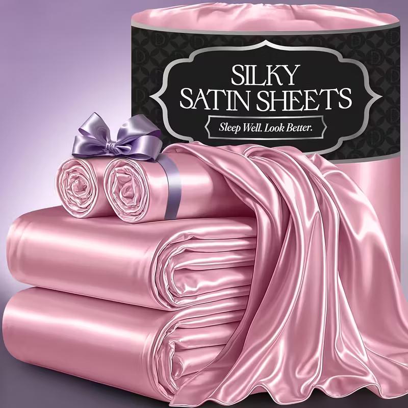 3/4pcs 2100TC Satin Sheets Queen Size Bed Set-Child Satin Bed Sheets Ultra Soft Satin Sheets Queen Set, Breathalbe Satin Bed Sheets Bed Sheets All Sizes Soft Satin Bedding for Bedroom 5 Star Luxury Hotel Experience W/ The Premium Satin Sheets