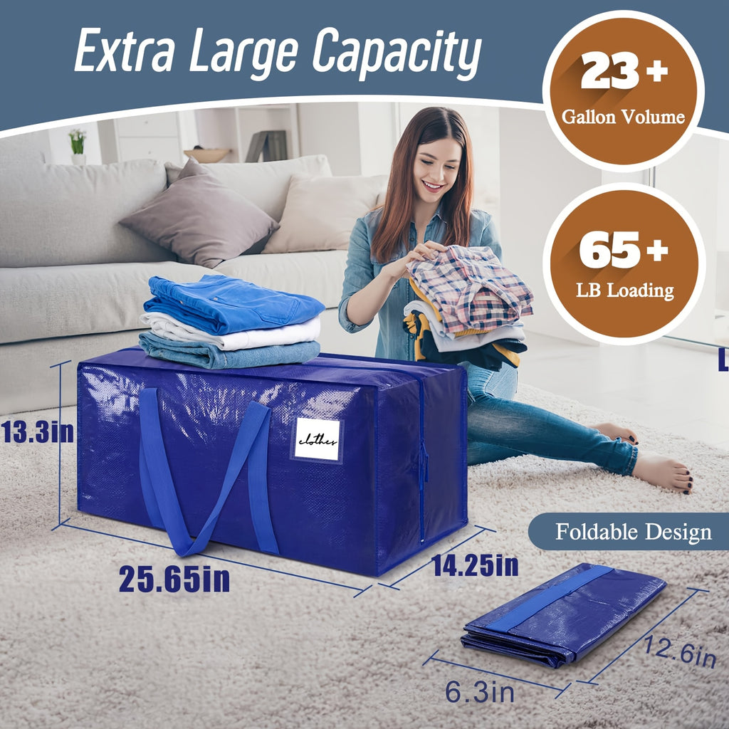 6/2 Pack Extra Heavy Duty Large Moving Bags with Strong Zipper And Comfortable Handles, Sturdy And Durable Clothes Storage Bags Totes Bins, Packing Moving Boxes for College Supplies, Blue