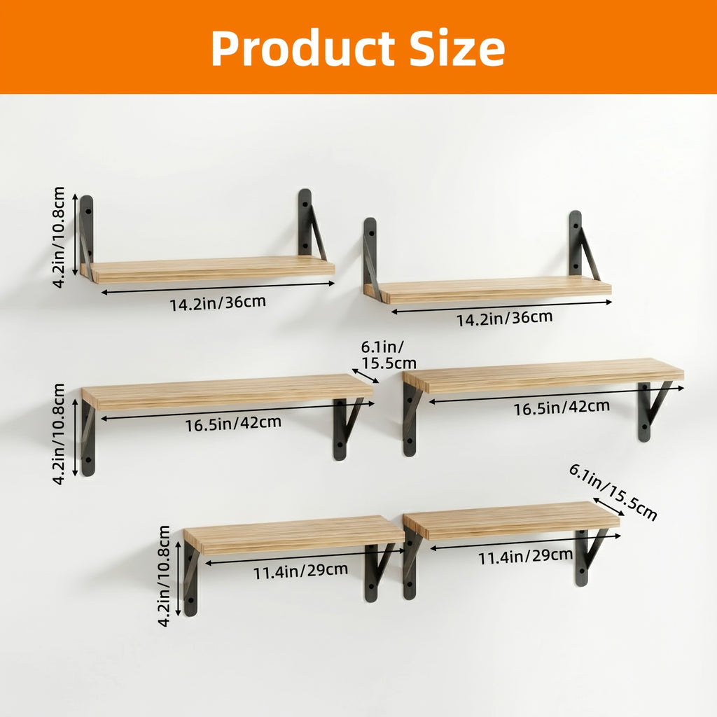 Farmhouse Floating Wall Shelves, Set of 4 Different-Size Natural Wood Boards with Triangle Metal Brackets for Bedroom, Bathroom and Kitchen Storage
