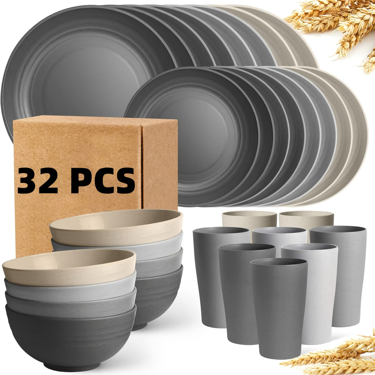16pcs/32pcs Kitchen Wheat Straw Large Size Dinnerware Set, for 4/8, Unbreakable Modern Dish Set Dinner Plate/Dessert Plate/Cereal Bowl/Cup, Dishwasher Safe, Lightweight Tableware, Camping And Everyday Use, Gifts for Men/Women/Christmas/Halloween