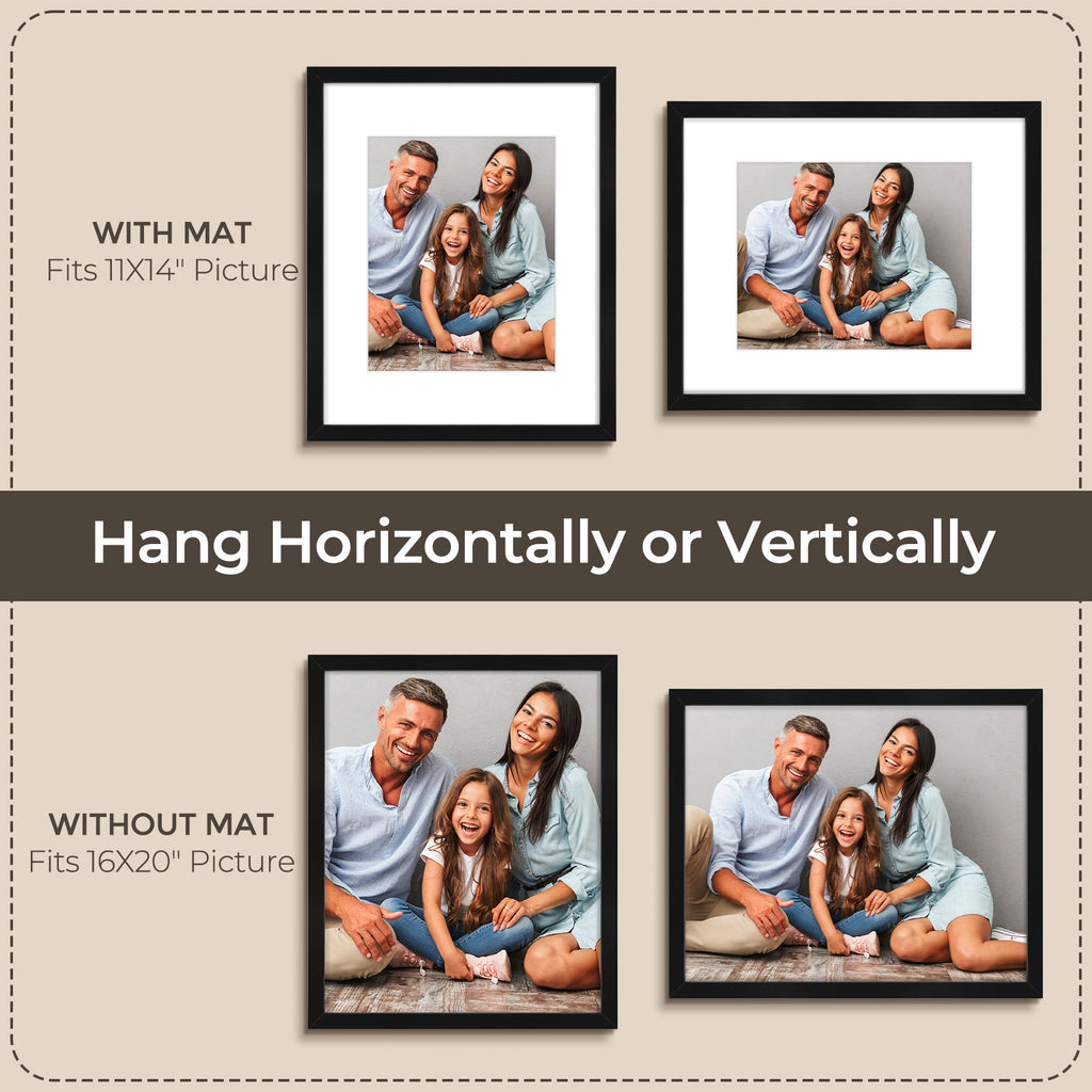 3 Pack 6x8/8x10/9x12/11x14/16x20 Picture Frames Set with Mat or without Mat, Engineered Wood Photo Frames with Plexiglass, for Wall or Tabletop Display - Gallery Wall Frames, Office Home Decor,Poster Frames