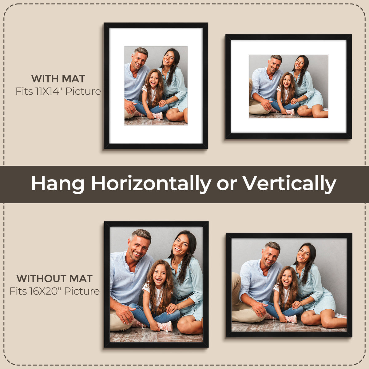 3 Pack 6x8/8x10/9x12/11x14/16x20 Picture Frames Set with Mat or without Mat, Engineered Wood Photo Frames with Plexiglass, for Wall or Tabletop Display - Gallery Wall Frames, Office Home Decor,Poster Frames