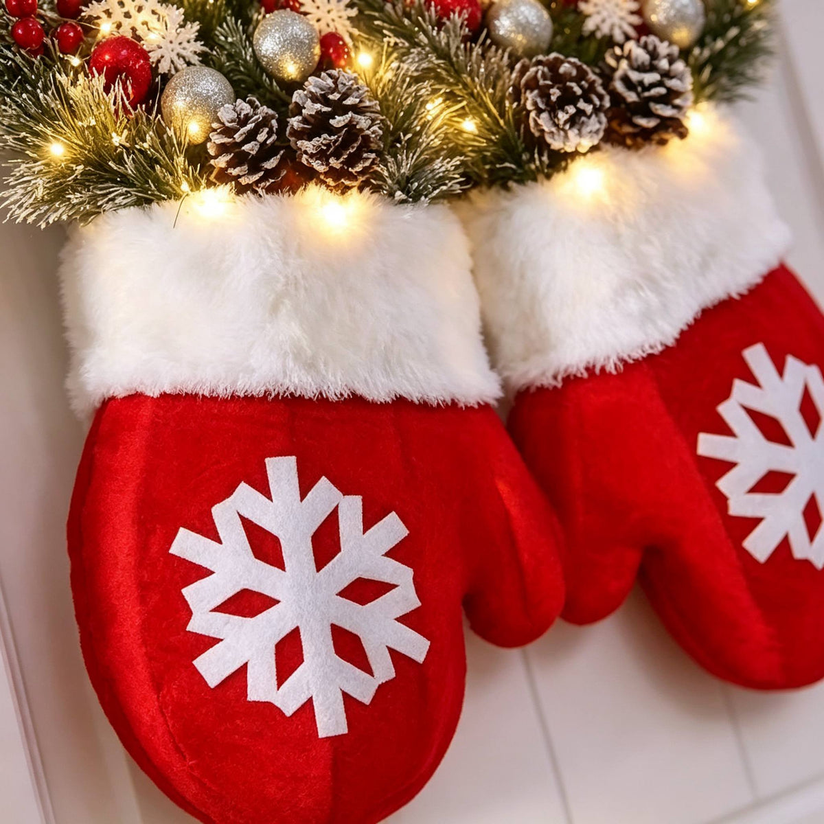 LED Twinkling Christmas Wreath with Twinkling & Artificial Pine Garland - Suitable for Front Door, Wall Decor, / Holiday Decoration - Plastic Mitten Wreath with Red Berries and Pine Branches Halloween Christmas