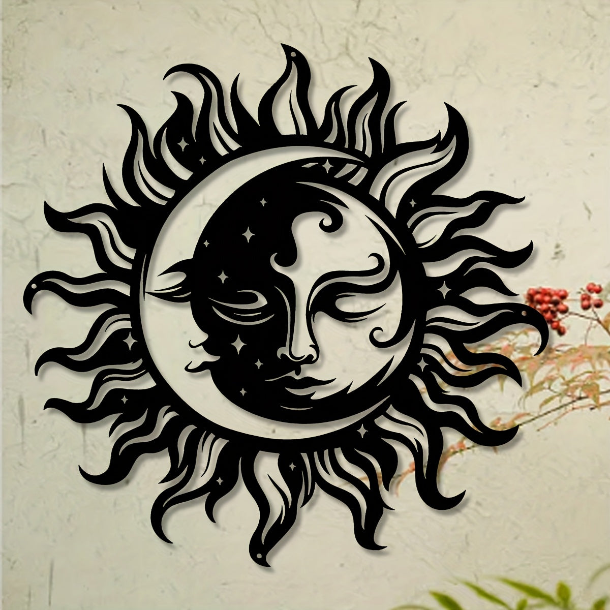 1pc Of Elegant Black Sun And Moon Metal Wall Art- Intricate Iron Design With Mystical Symbols, Perfect For Home, Office Or Outdoor Garden Decoration, Ideal Housewarming Gift, 15.7inch X 7inch Cm, Outdoor Decoration
