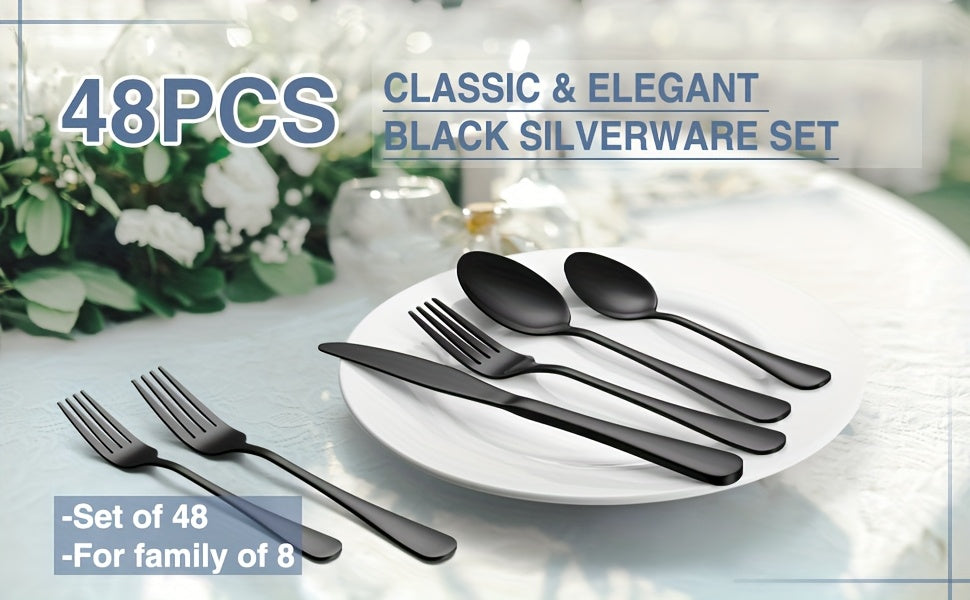 48pcs Silverware Set with Steak Knives, Christmas Stainless Steel Flatware Cutlery Set, Eating Utensils for 8, Spoons Forks Knives for Home Kitchen, Simple Design & Mirror Finish, Dishwasher Safe(Silvery, Black)