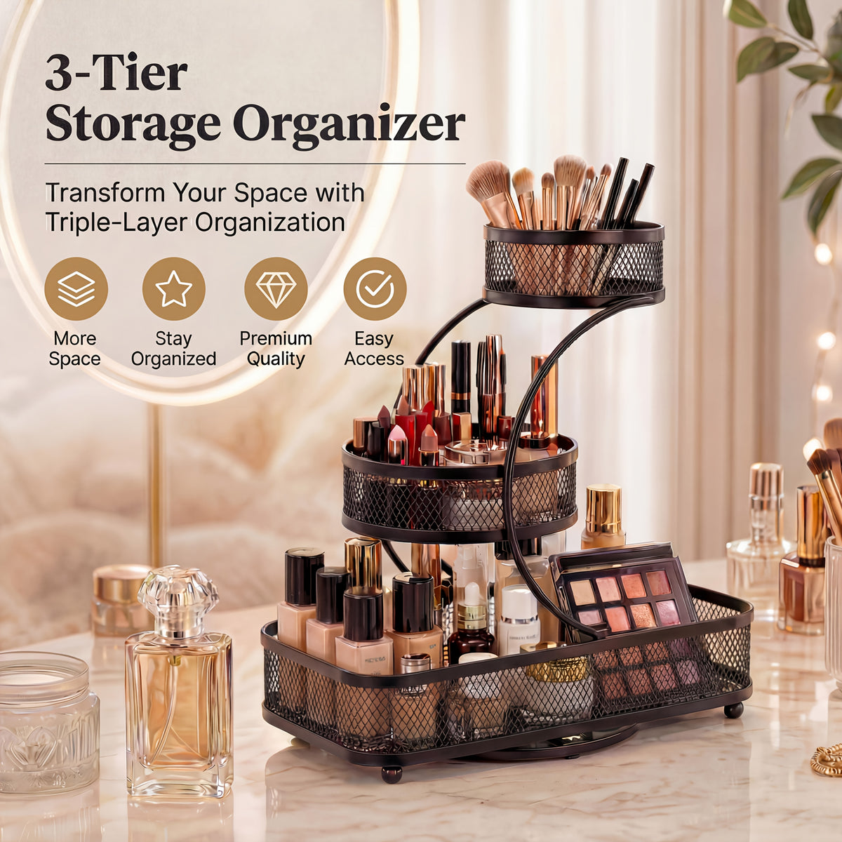 3-Tier Black Metal Mesh Storage Rack with Hooks Space-Saving Countertop Organizer for Kitchen, Bathroom Room Decor | Heavy-Duty Cosmetic Perfume Toiletry Display Stand, Shelf Baskets