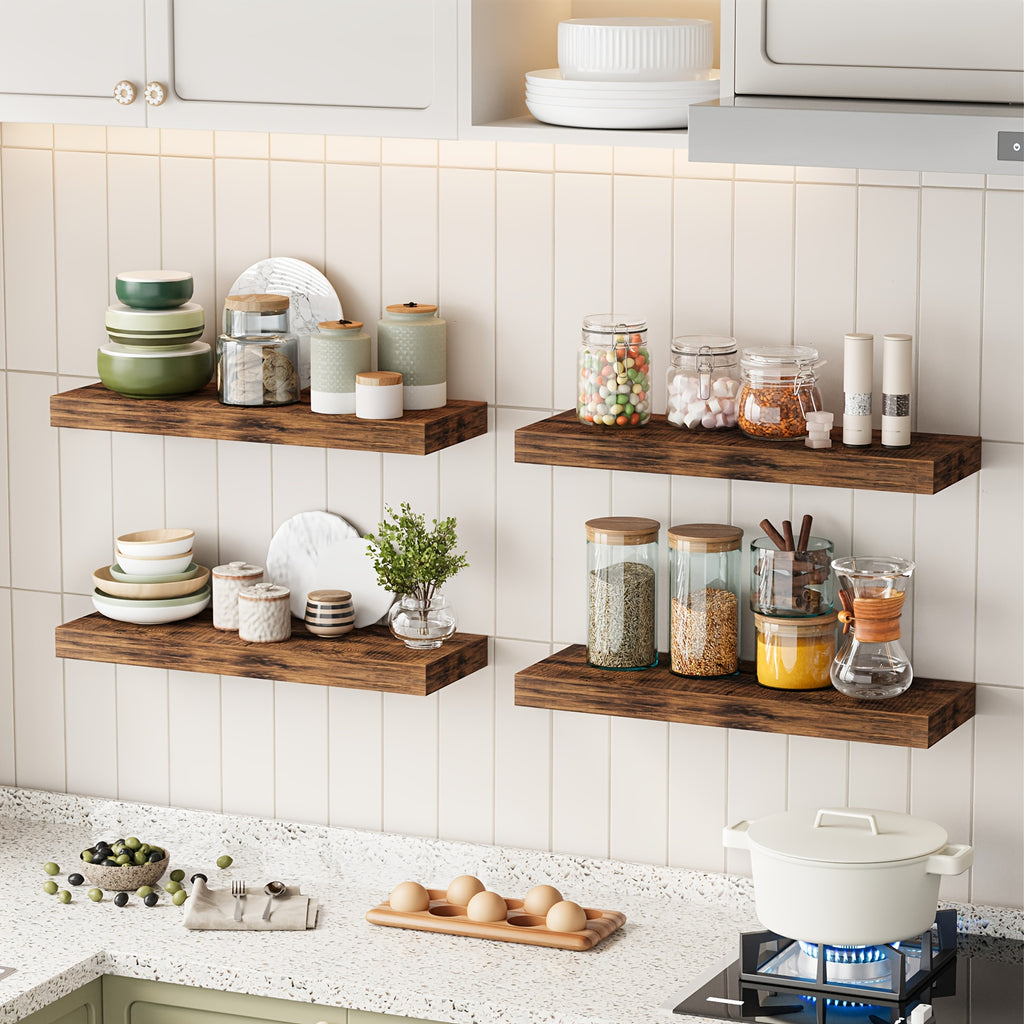 Rustic Finish Floating Shelves, 15.8 Inch Wall Display Set with Invisible Brackets in 4 or 8 Piece Options for Living Room, Bedroom and Home Decor