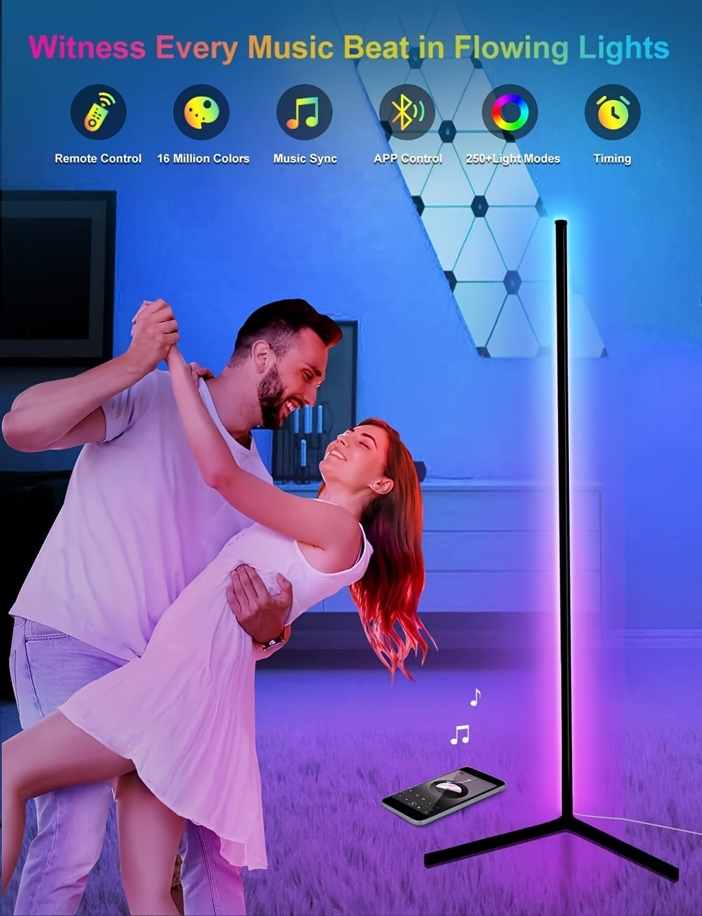 LED Corner Floor Lamp with RGBIC Color Changing Scenes, App and Remote Control, Music Sync and Timer for Bedroom Living Room and Gaming Setup