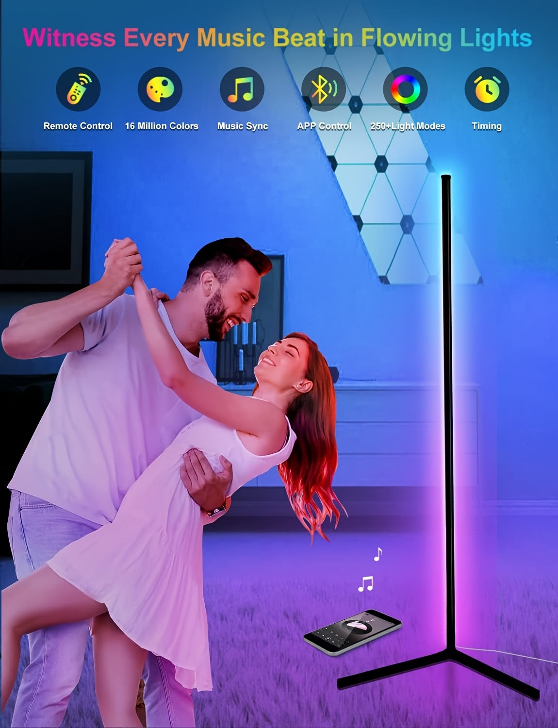 LED Corner Floor Lamp with RGBIC Color Changing Scenes, App and Remote Control, Music Sync and Timer for Bedroom Living Room and Gaming Setup