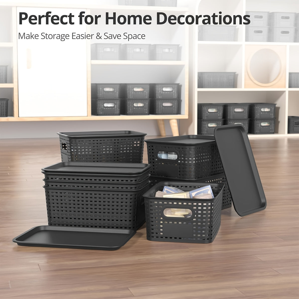 8/4-Pack-Space-Saving Organizers with Lids for Shelves/ Closet/ Desk | Multi-Scene Use In Dorm, Playroom & Office (10"x7"x4", Declutter Essential) with A File Organizer Bag, The Best Gifts for Easter Sunday And Mother's Day
