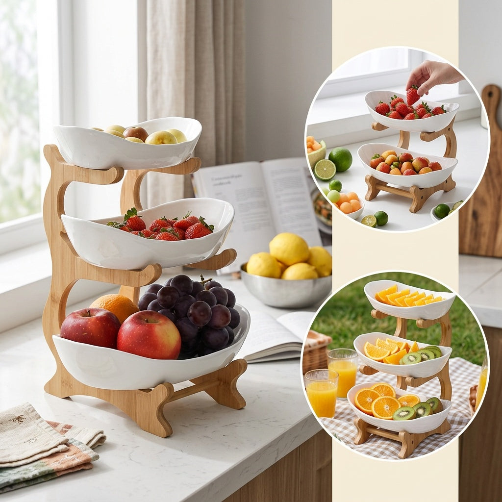2/3-Tier Luxury Elegant Fruit Stand - Double Layer Fruit Bowl with Creative Candy Display - Home Snack Bread Tray for Living Room, Space-Saving Design, Easy to Assemble, Birthday Gifts, Mother'S Day Gift Kitchen, Serving Tray for Desserts