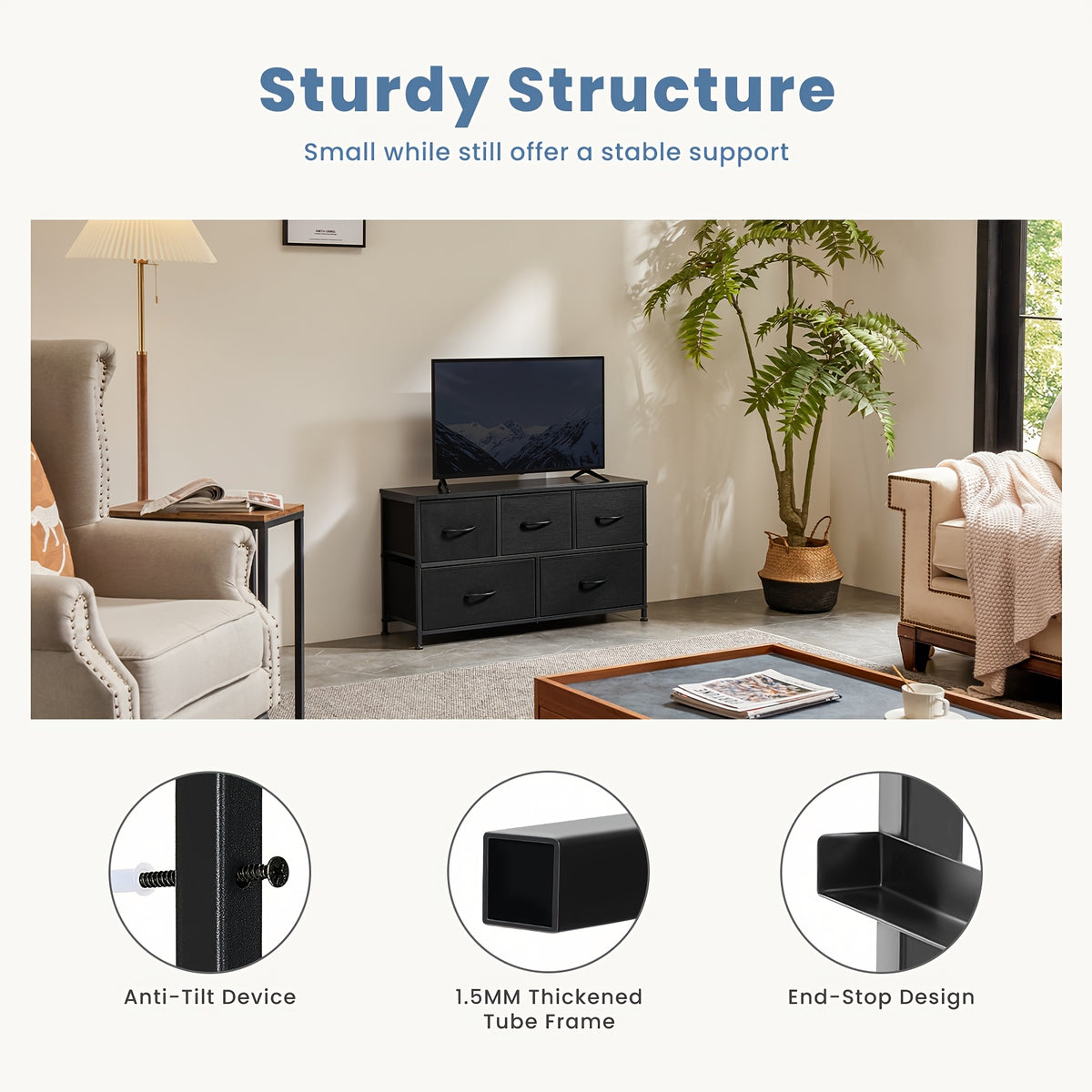 5-Drawer Cabinet Tower, Father'S Day Gift, TV Stand for Bedroom, TV Dresser for 45 Inches, Media Console Table, Entertainment Center with 5 Fabric Drawers Cabinet And Open Storage Shelf Other (Furniture) Cabinet for Living Room, Hallway