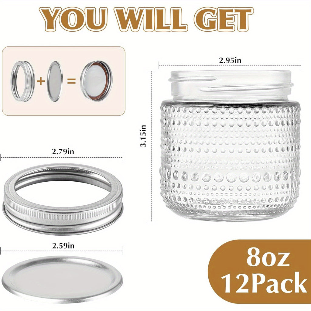 Small Mason Jars with Lids 8oz, 12 Pack Vintage Clear Glass Regular Mouth Storage Jars with Silver Metal Lids for Honey Jam and DIY Decor