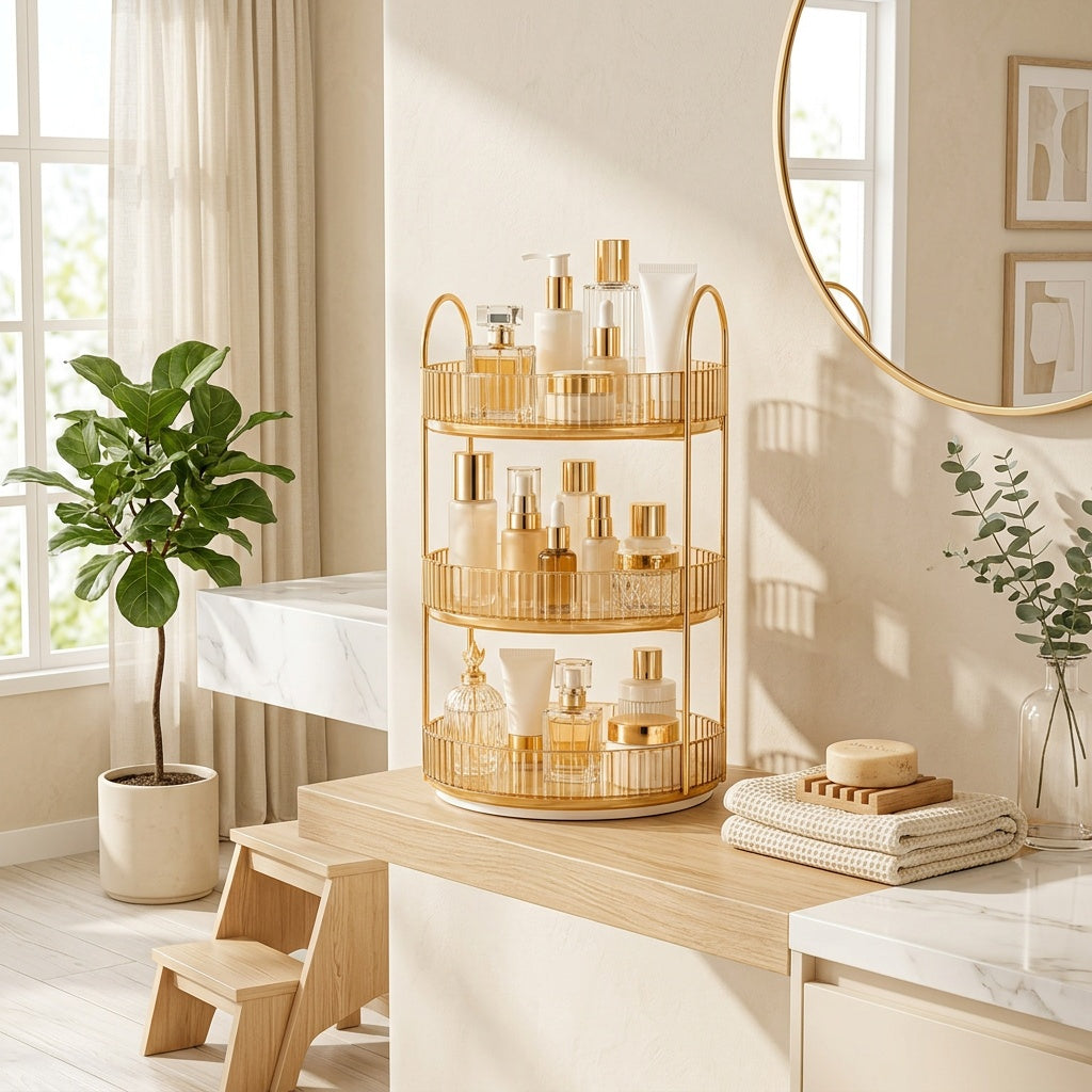 Rotating Cosmetic Storage Rack, A 360-Degree Rotating Cosmetic Storage Multi-Functional Brush, Lipstick, Skin Care Products And Stationery Storage Box - Durable, Odorless, Luxurious Striped Design Desktop Storage Box, Giving Tape As a Gift