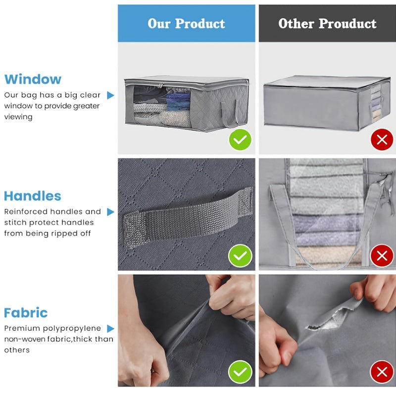 3pcs Durable Foldable Storage Bag with Reinforced Handle, Sturdy Zipper, Clear Window for Quilts, Blankets, Bed Sheets, Under-Bed Storage