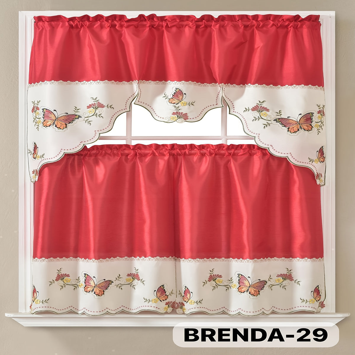 3pcs Bamboo Embroidered Kitchen Curtain Set, Floral Embroidery, Lightweight and Soft, Easy Care, Machine Washable, Satin Fabric, Embroidered