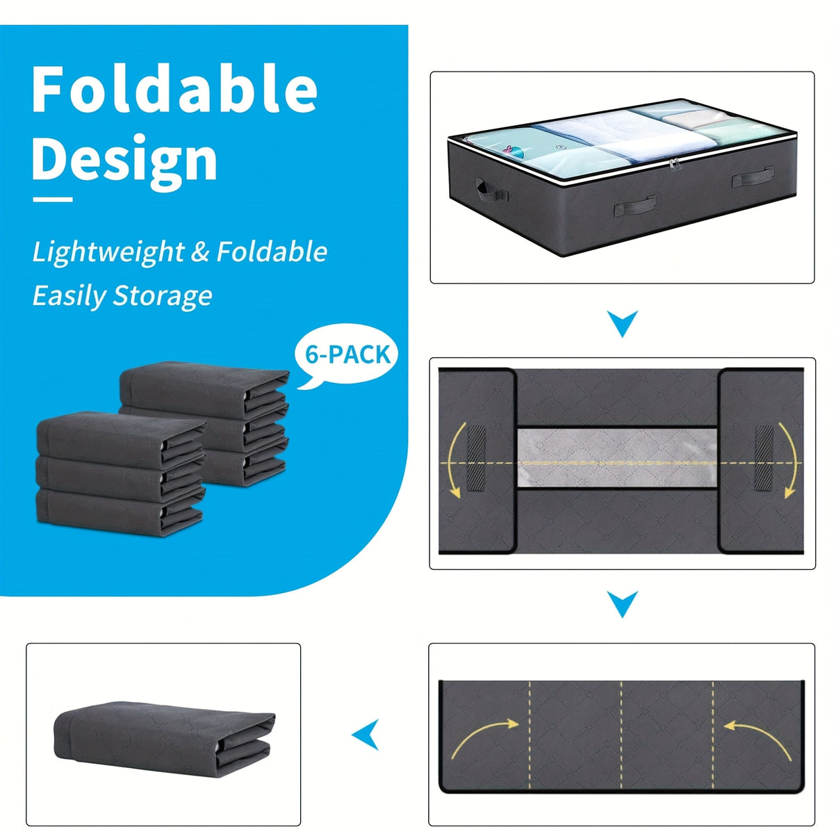 6-pack Under-bed Storage Bags, 23.78 Gallons, Foldable Fabric Storage Bags with Zipper Closure, Space-saving Design, Reinforced Handles, Multiple Compartments, Under-bed Storage., Under-Bed Storage