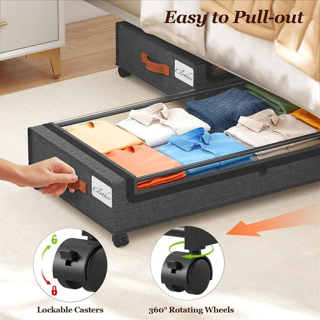 2 Pack Rolling Underbed Storage Box, Under Bed Storage Bins, Under Bed Shoe Rack Organizer, Rolling Underbed Metal Drawer for Clothes, Blankets, Shoes,, Books, Bedding, Under-Bed Storage
