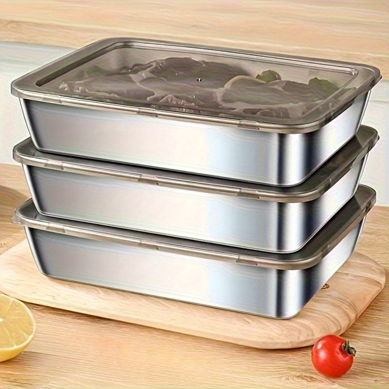 Purchase Three And Receive Two at No Cost, Making a Total of Five Stainless Steel Food Storage Containers - Sturdy Baking Trays That Come with Complimentary Lids, Reusable, Ideal for Picnics, Meal Preparation, Organizing The Refrigerator