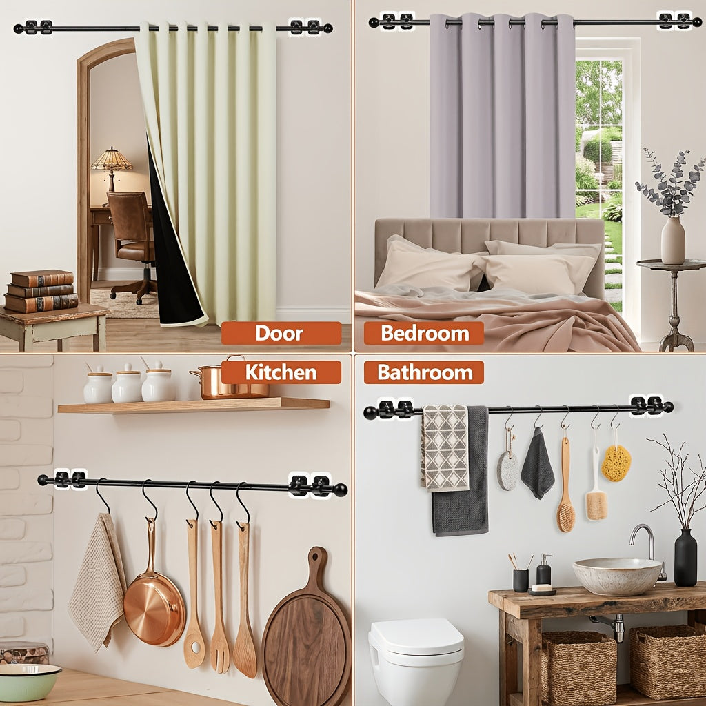 Curtain Rods No Drilling for Windows Set 32 to 48 Inch, 5/8 Inch Diameter Drapey Pole with No Drill Curtain Rod Brackets, Renter Friendly Cortineros Para Ventanas with Adhesive Holder Hook (Black)