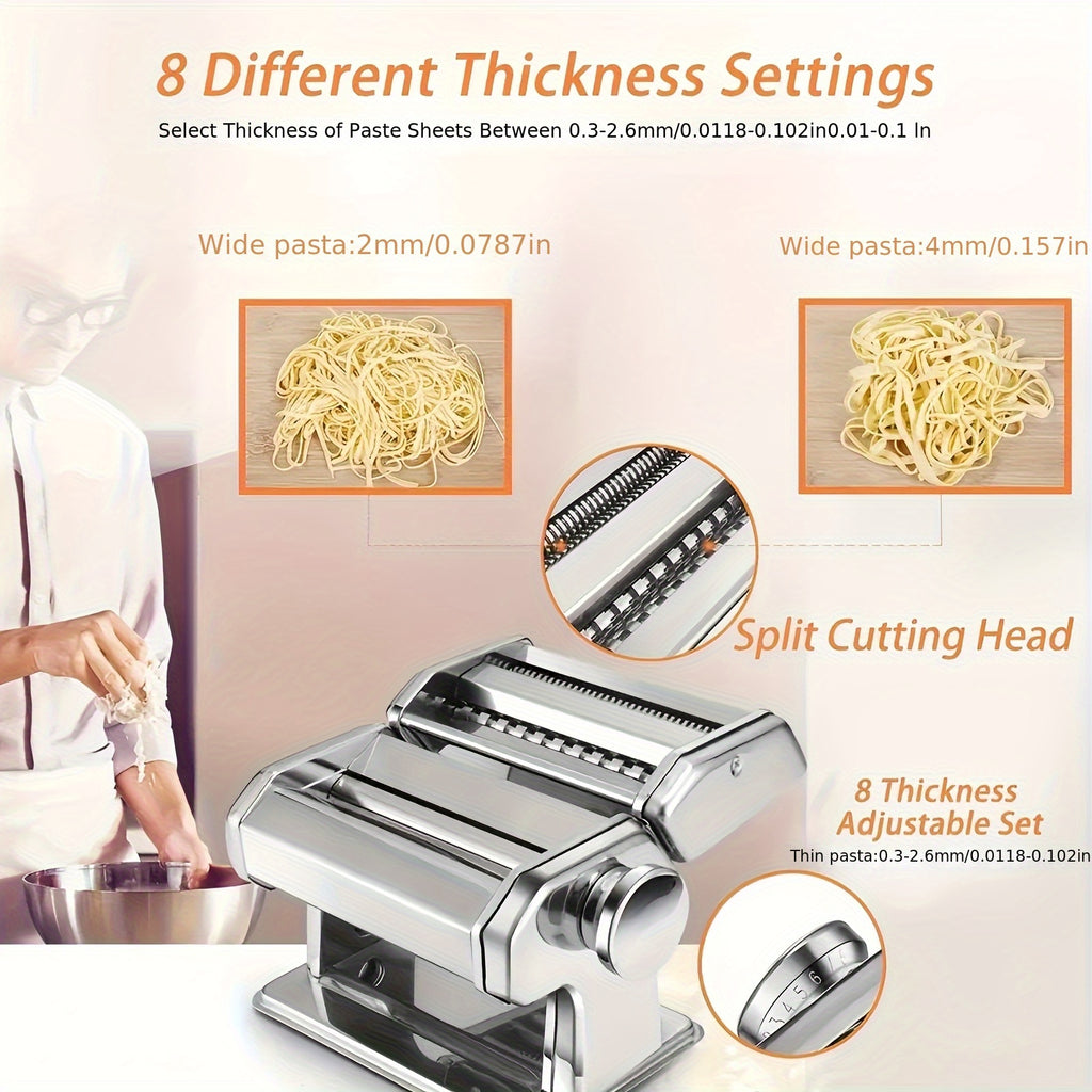 Pasta Maker Machine, 8-Adjustable Thickness Settings, 2-in-1 Pasta Machine with Roller and Cutter, Dough Press for Making Pasta, Perfect for Spaghetti, Fettuccine, Lasagna, or Dumpling Wrappers, Kitchen Gadget for Pasta Lovers, Father's Day Gift