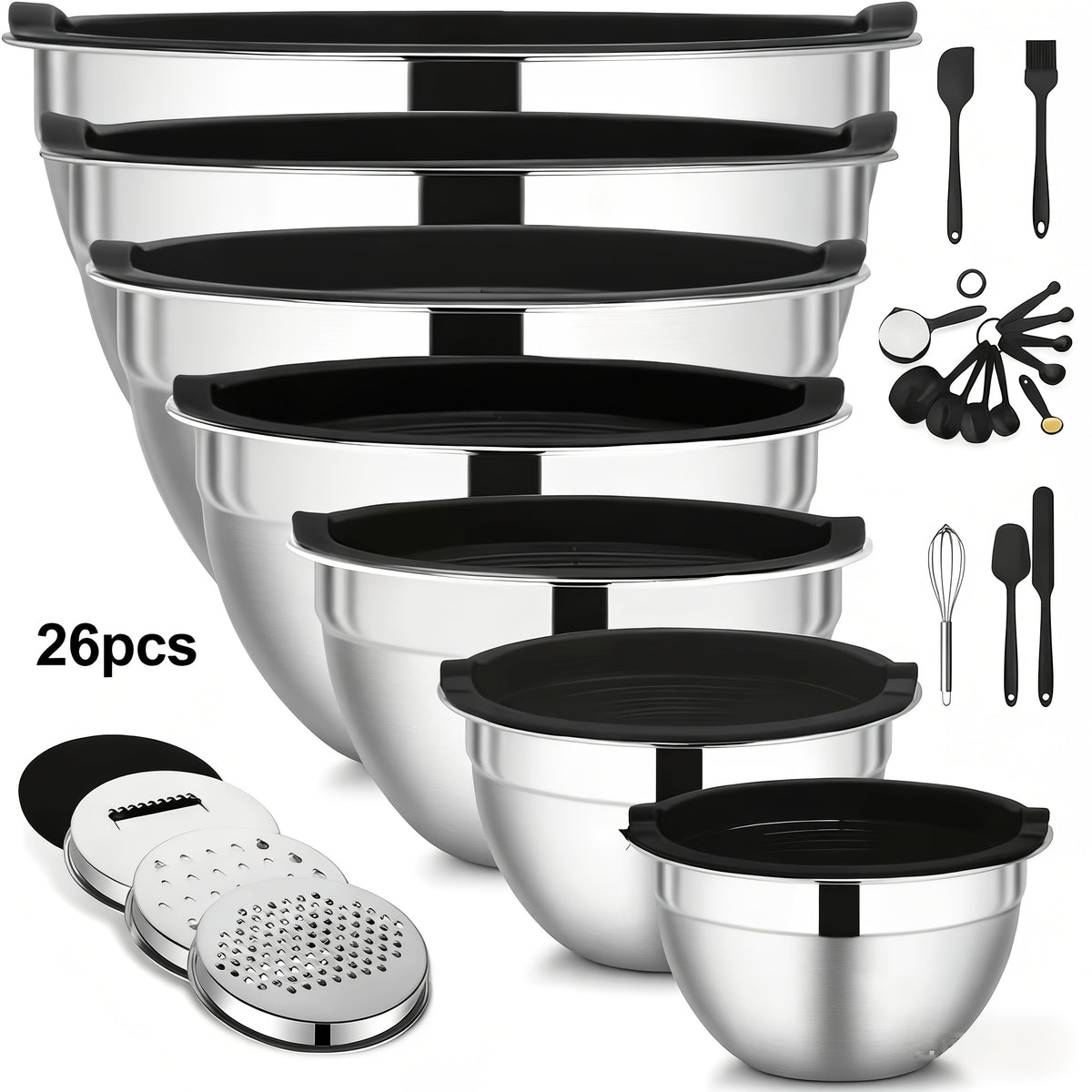 26pcs Stainless Steel Mixing Bowl with Sealed Lid, Including 7 Mixing Bowls+3 Types Of Wire Scraping And Slicing Tools And Kitchen Tools, Suitable for Baking, Salad Making, Mixing, Kitchen Tidying, Christmas Gifts, Father's Gifts, Gifts for Men