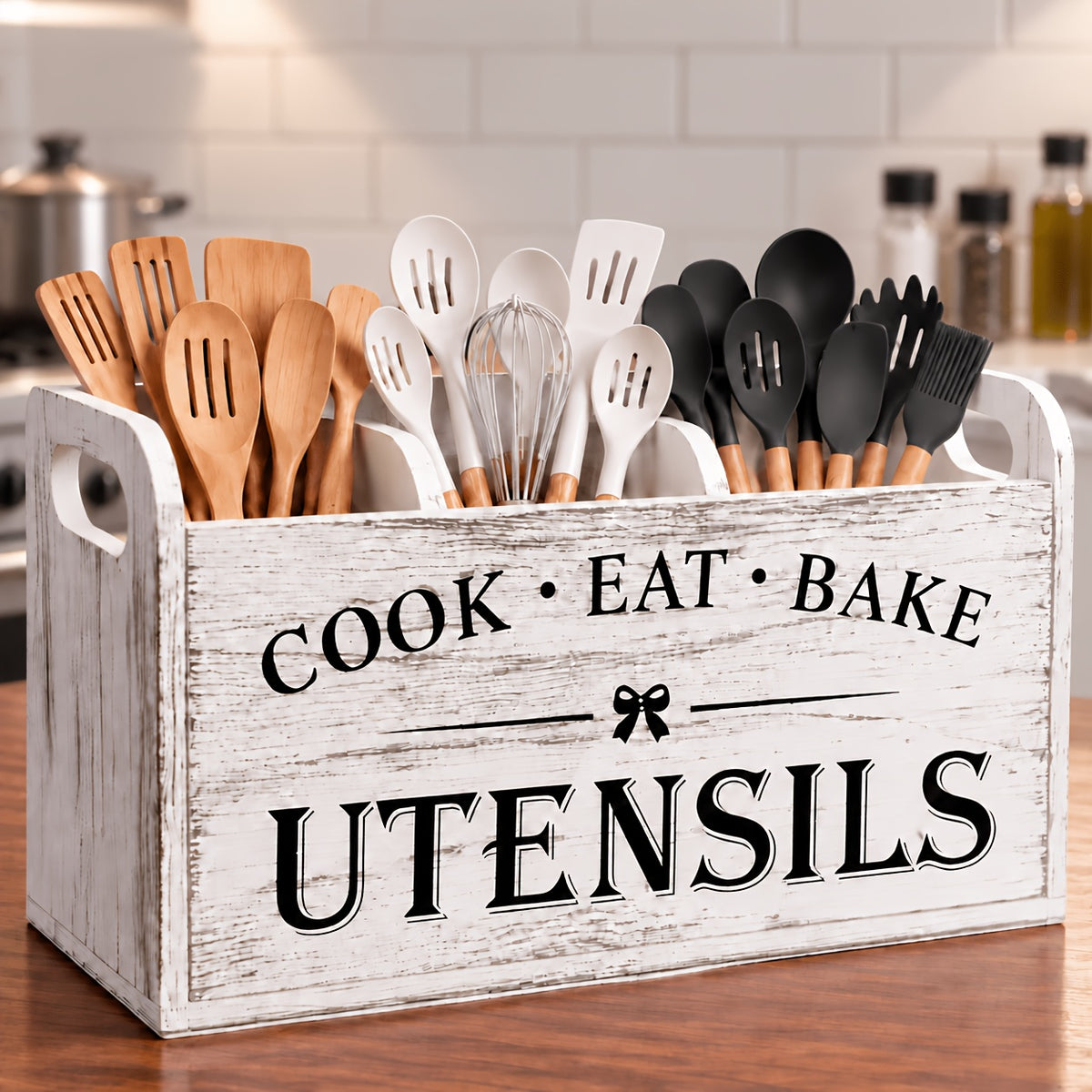 LDQ 3-Compartment Extra Large Rustic Wooden Utensil Organizer, Storage Boxes, Countertop & Wall-Mounted Organizer for For Cooking/Baking Tools, More-Space-Saving Multi-Use Storage for Kitchen & Pantry, Kitchen Organizers, Baskets, Bins & Containers