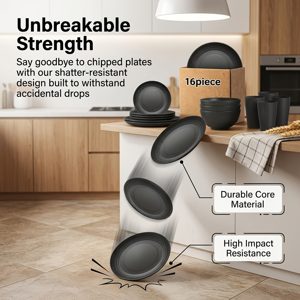 Brczuo16/32pcs Securely Fixed Non Fragile Plates, Wheat Straw Tableware Set, Microwave Dishwasher Safe, Durable Tableware, Black Set Includes 16 Plates, 8 Bowls, 8 Cups, Suitable For Family Gatherings, Birthday Parties, Camping