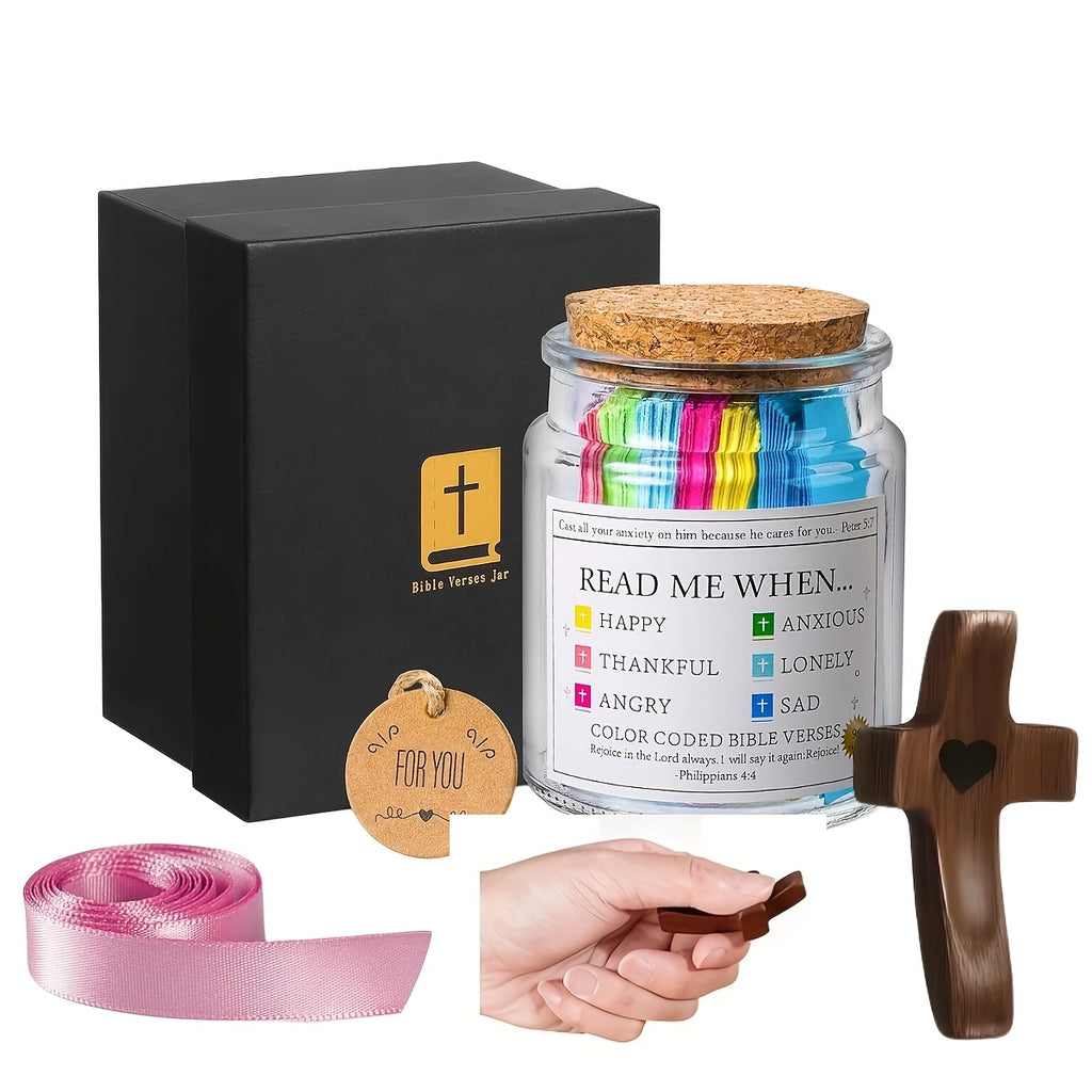 Bible Verse Jar Plus Handmade Pocket Wooden Cross Fidget.Relax for Christian, Religious Christian Gift,, Let Your Heart Calm Down, for Easter, Christmas, Holiday Wedding Parties, And Father's Day Gifts.