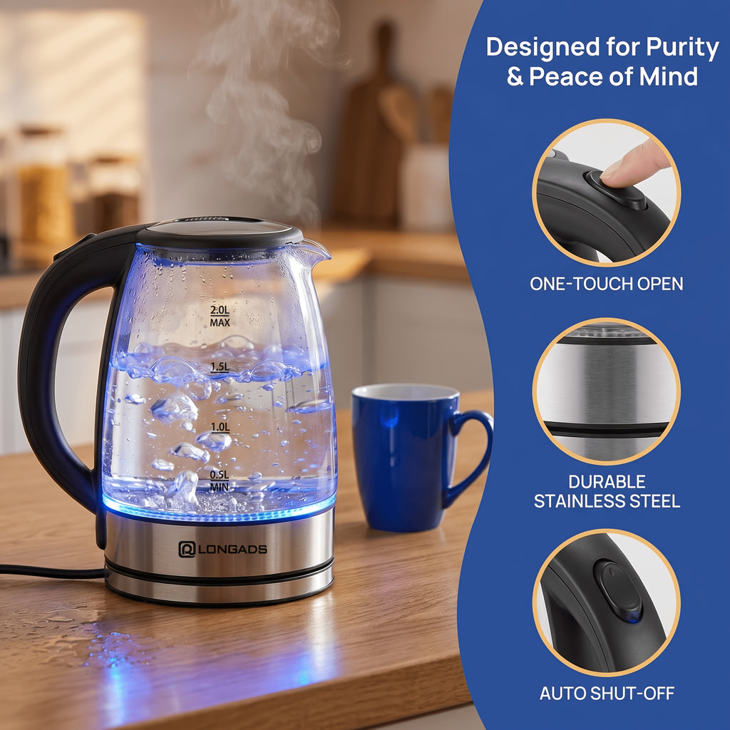 Electric Kettle, 67.63oz Large Capacity, Glass Electric Kettle, 1000W High Power, Anti-dry Burning And Rapid Heating, Suitable For Kitchen, Dining Room And Living Room, For Brewing Coffee And Milk, Saving More Heating Time And Being Safer.