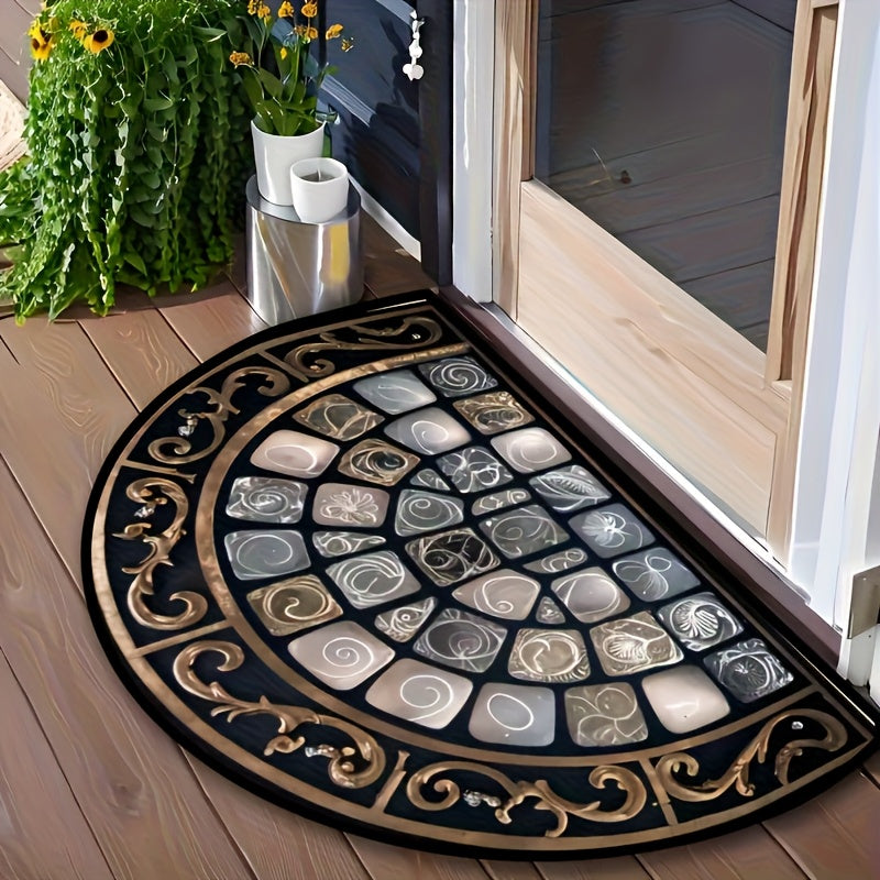 Semicircular Elegant Welcome Doormat - Non-slip floral geometric pattern, lightweight and durable polyester fiber door mat, suitable for home, bathroom, and kitchen front door decoration.