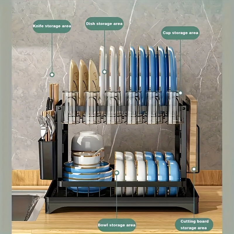 2 Tier And 1 Tier Dish Drying Rack for Kitchen Counter, Dish Drainers for Kitchen Counter with Drainboard, Metal Kitchen Dish Rack with Drain, Kitchen Drying Rack Two Tier, Black Dish Racks, Spoons And Fork