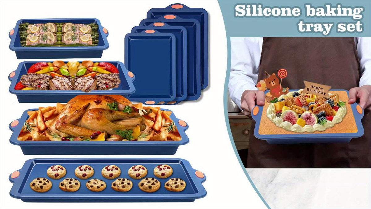 Silicone Baking Pans Set, 4 Pieces Nonstick Bakeware Set With Baking Pans, Baking Sheets, Cookie Sheets, Cake Pan With Grips And Metal Reinforced Frame More Strength
