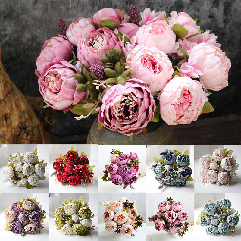 13-Head Artificial Peony Bouquet with Realistic Blooms & Lush Green Foliage - UV-Resistant Plastic Flowers with Sturdy Stems, Multi-Color Options (Pink, Red, White, Blue, Purple, Yellow, Lavender, Peach, ) for Weddings, Home, Garden, Office Decor - Indoor