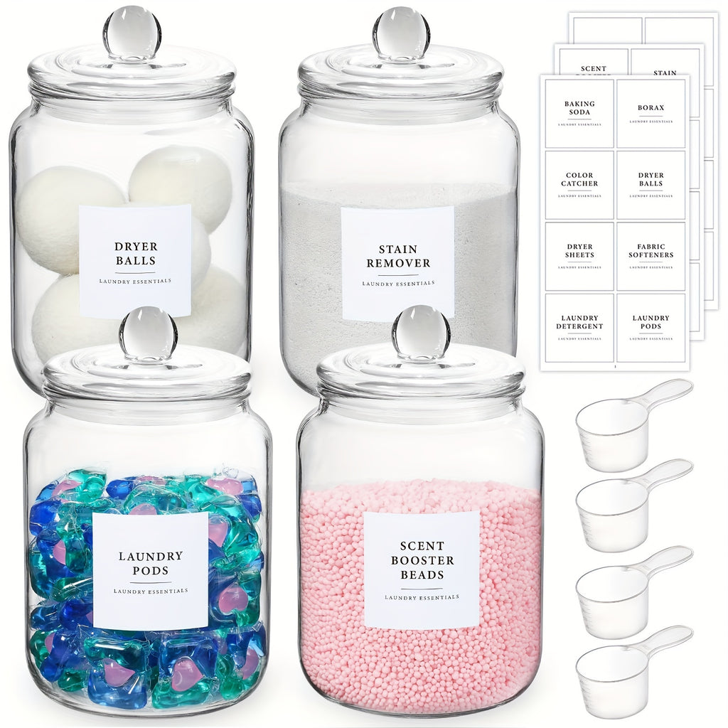 Glass Jars with Airtight Lids And Labels, Half Gallon Storage Containers with Spoons for Laundry Detergent, Pods, Scent Booster Beads, 1 2 3 4 Pack, Canisters